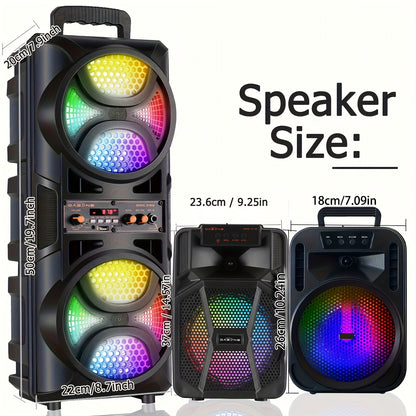 [Portable PA System] Portable Wireless PA Speaker System-Double 6.5'', Single 8'' Indoor/Outdoor Wireless Speaker Portable PA System-RGB for Party Lights, USB SD Card Reader, FM Radio, Rolling Wheels-Wired Microphone, Remote - Perfect For Party, DJ, Weddi