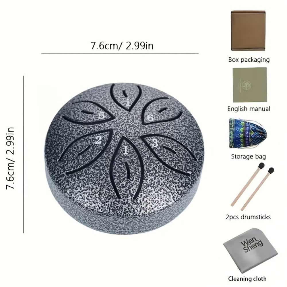 Steel Tongue Drum, 3-Inch 6-Tone Mini Set with Mallets and Learning Guide
