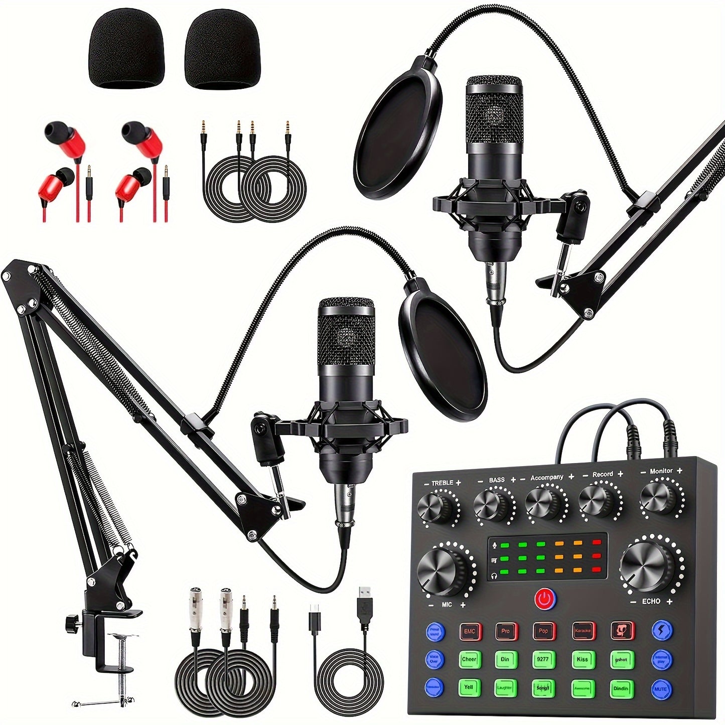 Podcast Equipment Bundle for 2, Wired Microphone, V8S Audio Interface with All in One Live Sound Card And BM800 Condenser Microphone, Podcast Microphone, Perfect for Recording, Live Streaming
