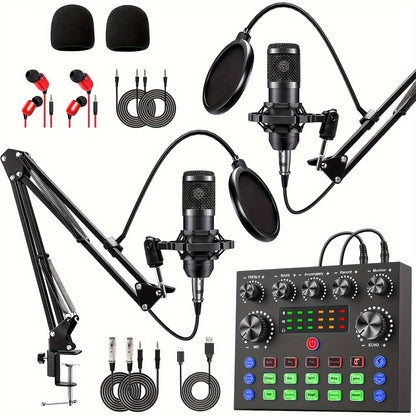 Podcast Equipment Bundle for 2, Wired Microphone, V8S Audio Interface with All in One Live Sound Card And BM800 Condenser Microphone, Podcast Microphone, Perfect for Recording, Live Streaming