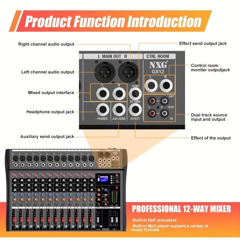 Audio Mixer, USB, Professional, 12-Channel, Controller for Live Sound