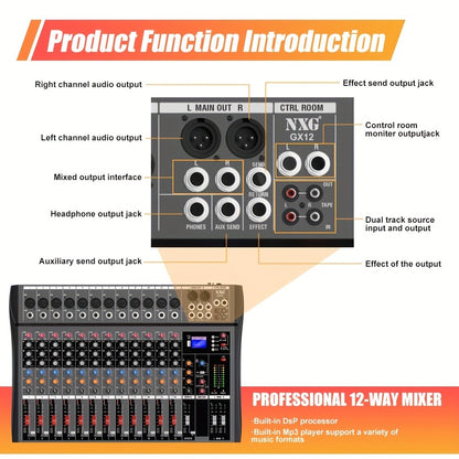 Audio Mixer, USB, Professional, 12-Channel, Controller for Live Sound