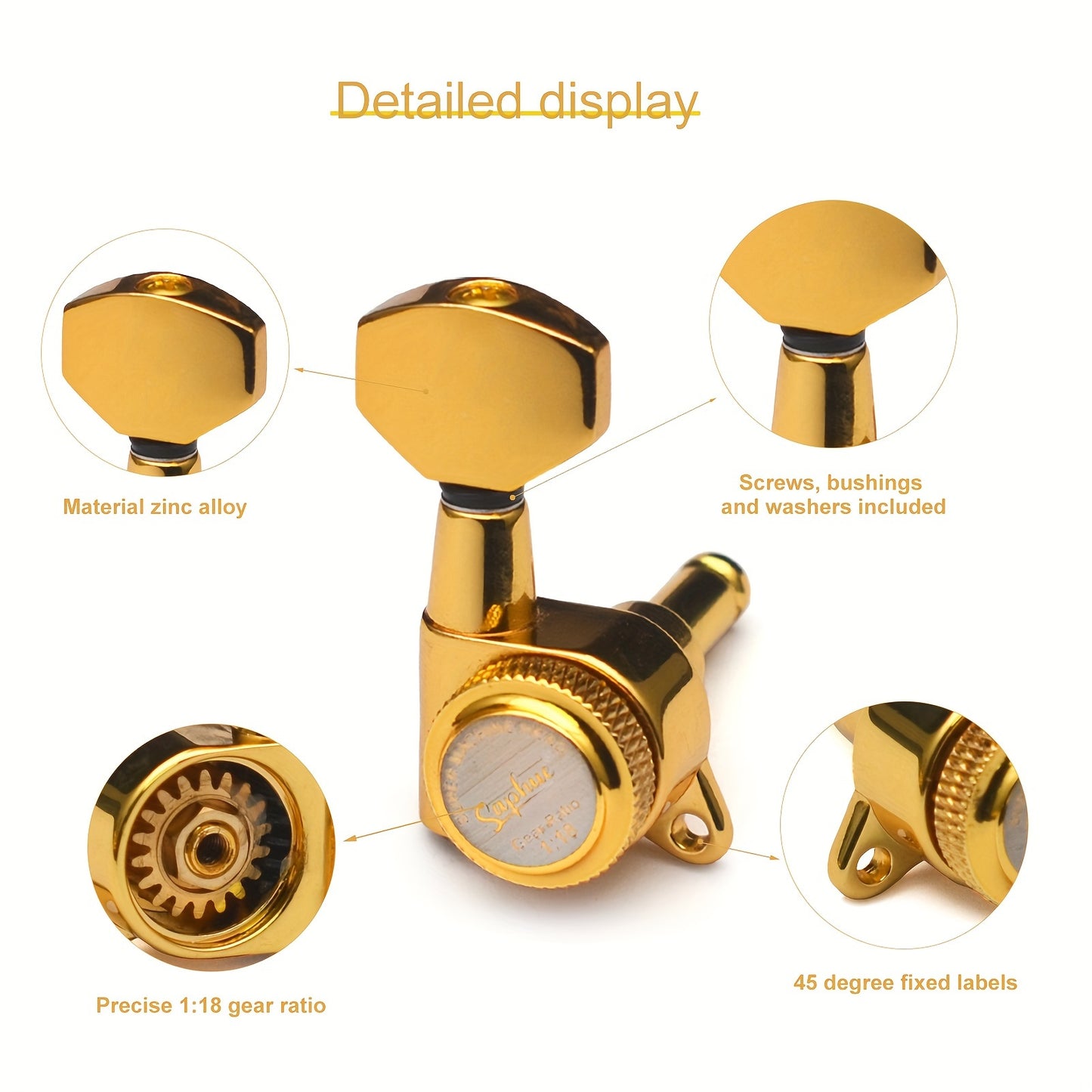 SAPHUE 6pcs Premium Guitar Locking Tuners - 1:18 Gear Ratio, Sealed Lubrication, Hexagonal Handle - Perfect for Electric, Folk And Acoustic Guitars - Available in Black, Golden, Chrome