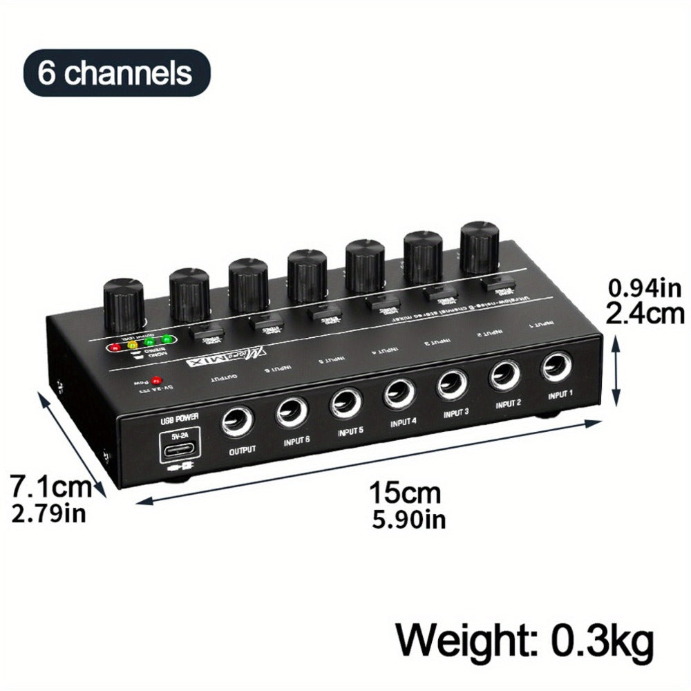 Compact 4/6/8-Channel Stereo Audio Mixer with USB-C Power and Level Controls