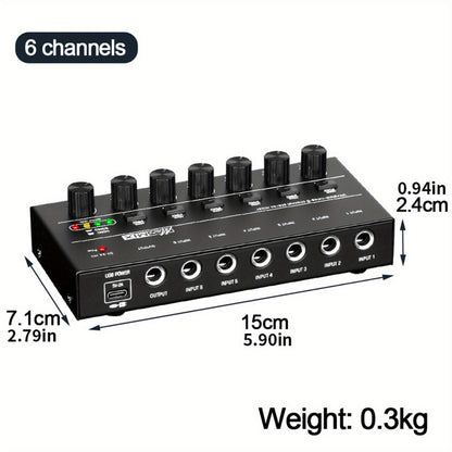 Compact 4/6/8-Channel Stereo Audio Mixer with USB-C Power and Level Controls