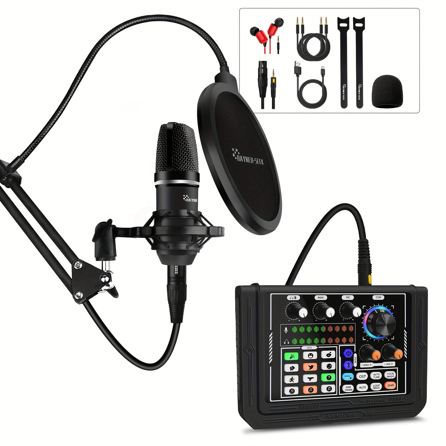 Hayner-Seek Podcast Equipment Bundle For 2 - ALL-IN-ONE Audio Interface With Sound DJ Mixer For Live Streaming/Recording/Gaming - Compatible with Phone/PC/Laptop - For Podcasters & Streamers - Perfect Gift for Content Creators