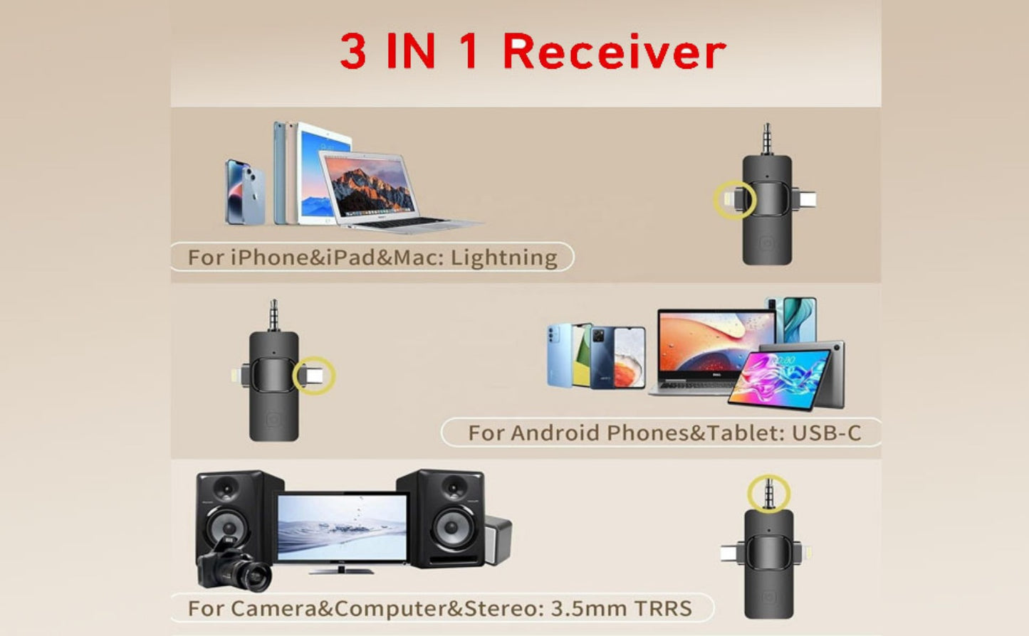 Recording Microphone, Wireless, 328ft, 3-in-1, Mini for Recording and Streaming