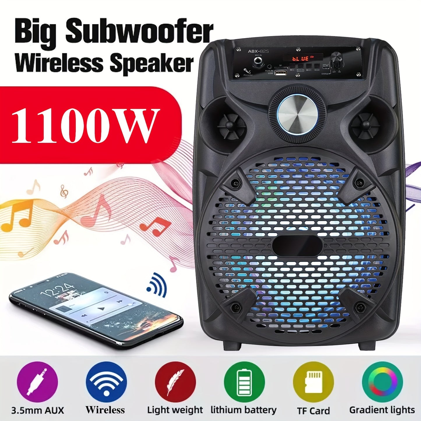 1100W Portable Bluetooth PA Speaker - 8" Subwoofer, Compatible Active, Outdoor Party Speaker. 7 Color LED Light, 1800mAh Rechargeable Battery. W/ USB SD MP3 AUX - 35mm Mount, 1 Speaker Stand & 1 Wired Micphone. for Thanksgiving, Halloween & Christmas