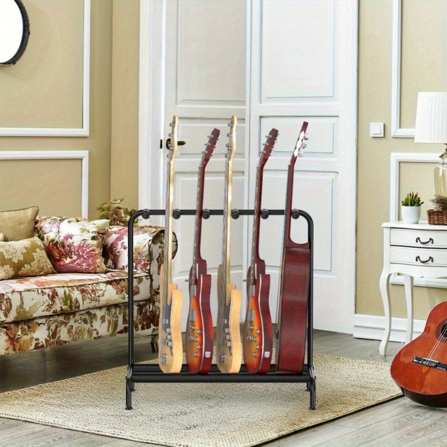 The Guitar Stand Holds Up to 5 Guitars in A Sturdy Metal Frame with Soft Protection and Non-slip Pedals for Home/ Studio Use