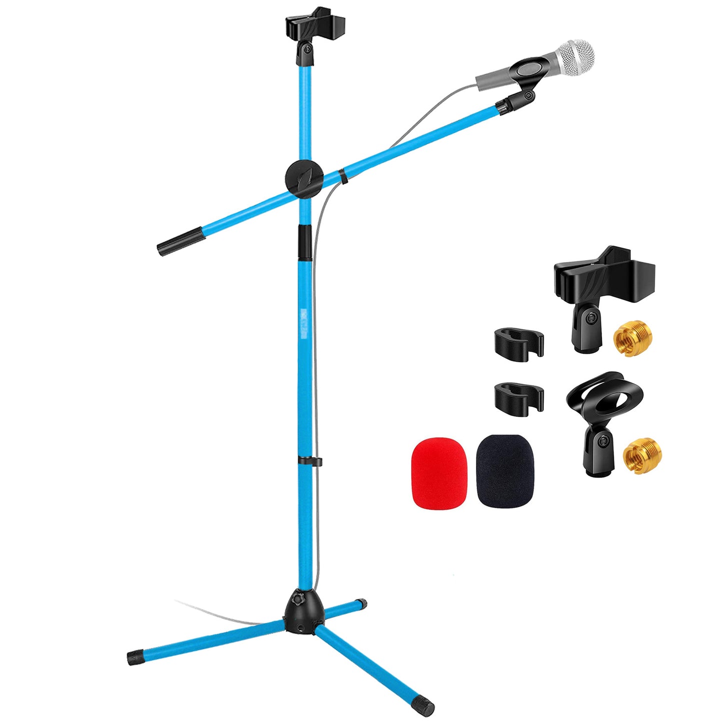 5 Core Microphone Stand Floor 2 Mic Clips Universal Height Adjustable 63" Dual Tripod Mic Stands w Telescoping Boom Arm Foldable Portable