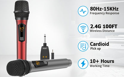 Aveek Wireless Microphone Designed for Speakers And Karaoke Systems, Featuring a 2.4Ghz Rechargeable Option (Operates for 10 Hours), Suitable for Parties, Djs, Weddings, Speeches, And Home Use, Available in Grey And Red, Sold in Packs of Two