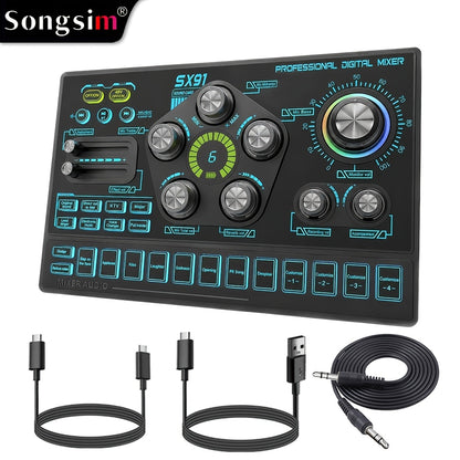 Professional Audio Mixer Console with RGB Backlit, USB Charging, 48V Phantom Power, XLR Mic Interface, Volume Faders, One-Key Mute, for Podcasting, Recording, Vocals, Gaming Voice - Black