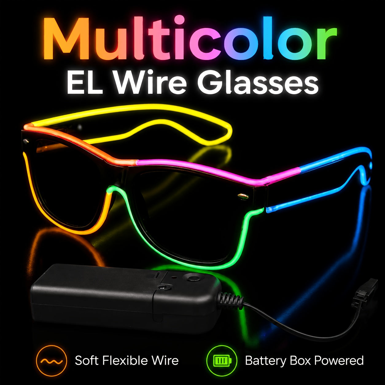 [Halloween Cosplay Raves] Multi-Color EL Wire LED Glowing Glasses - Flexible Adjustable Light-Up Costume Accessories With Portable Battery Pack For Halloween, Cosplay, Raves, Festivals, Night Parties, Carnival & Glow-in-the-Dark Events