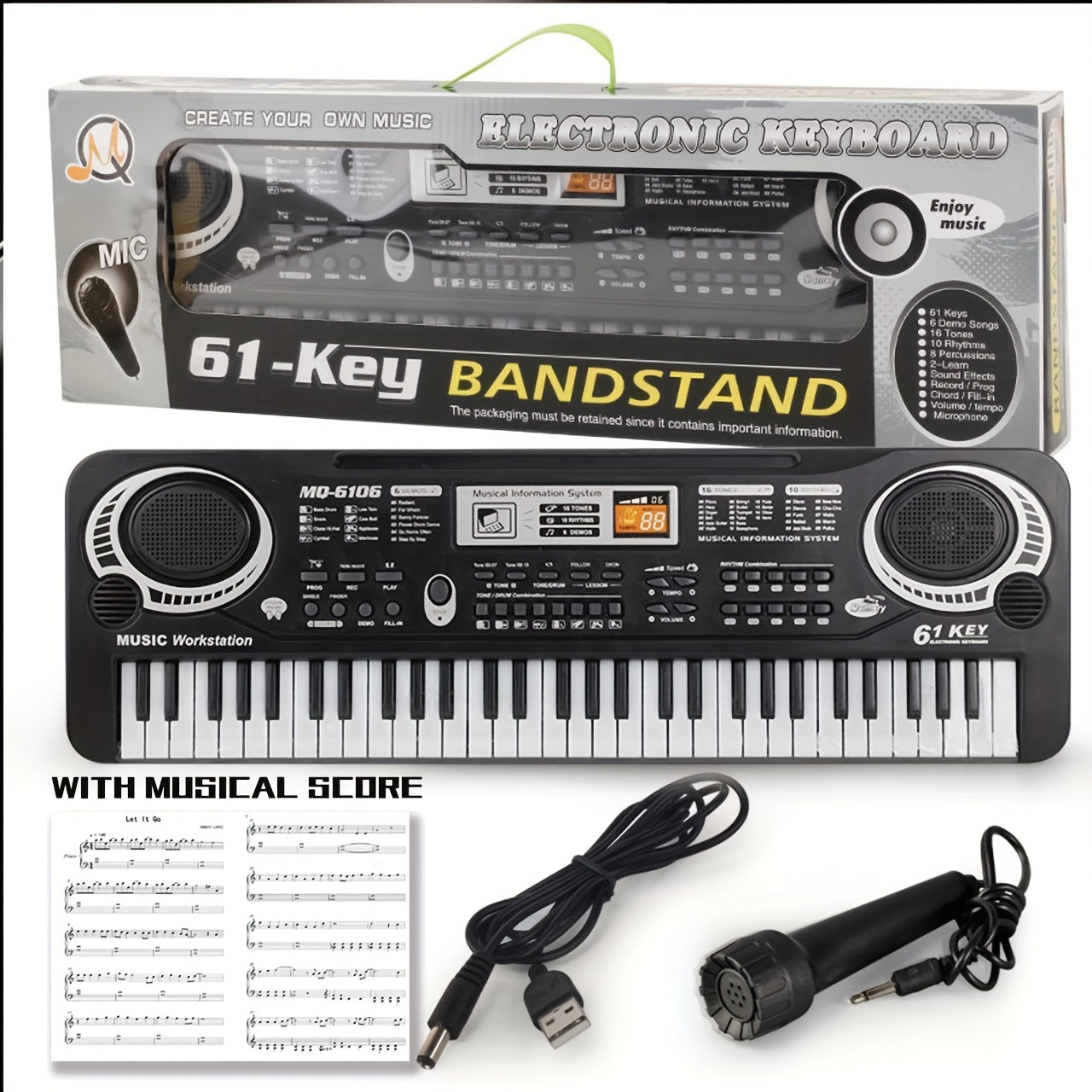 61 Key Portable Electronic Keyboard with Microphone Full Size Keys Includes Printed Music Score USB Powered Ready to Play Ideal Gift for Beginners Adults Home Studio Travel