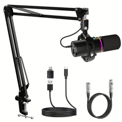 Socodox XLR/USB Dynamic Microphone Kit, RGB Podcast Mic with Software, Mute, Gain Knob, Volume Control, Boom Arm for Streaming, Gaming, Voice-Over, Recording- Black