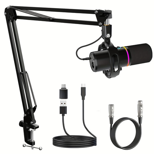 Socodox XLR/USB Dynamic Microphone Kit, RGB Podcast Mic with Software, Mute, Gain Knob, Volume Control, Boom Arm for Streaming, Gaming, Voice-Over, Recording- Black