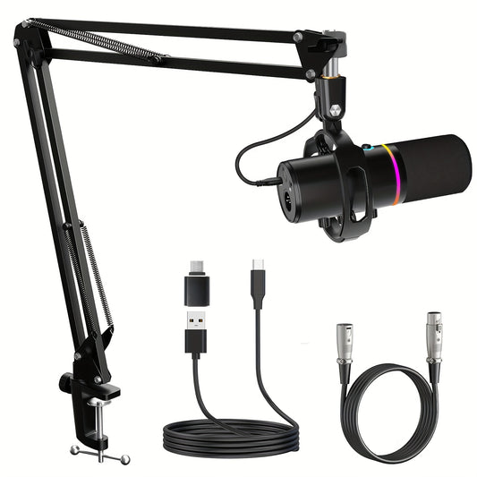 Socodox XLR/USB Dynamic Microphone Kit, RGB Podcast Mic with Software, Mute, Gain Knob, Volume Control, Boom Arm for Streaming, Gaming, Voice-Over, Recording- Black