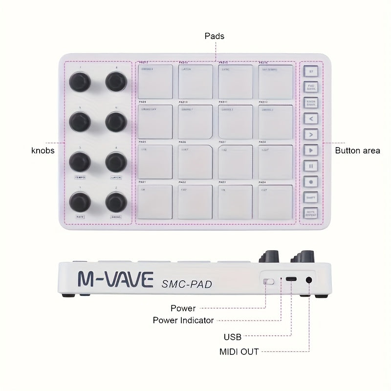 Wireless MIDI Controller, M-VAVE Portable MIDI Pad with 16 Drum Pads And 8 Knobs - USB Powered, Rechargeable 2000Mah Lithium Battery, Programmable Keyboard for Music Creation