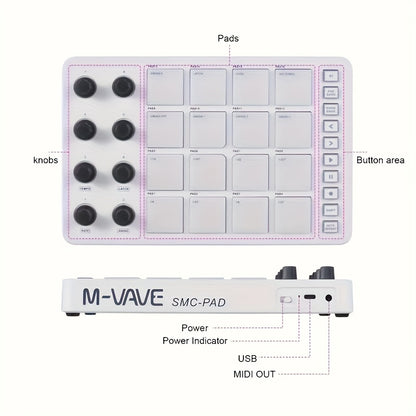 Wireless MIDI Controller, M-VAVE Portable MIDI Pad with 16 Drum Pads And 8 Knobs - USB Powered, Rechargeable 2000Mah Lithium Battery, Programmable Keyboard for Music Creation