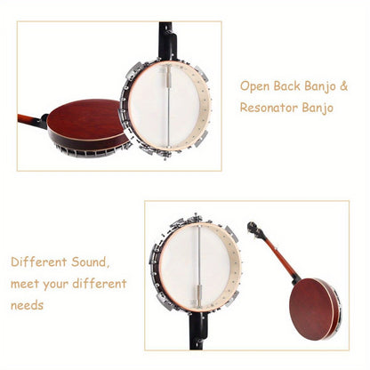 5-String Closed-Back Banjo, 24-Bracket Beginner Instrument with Case