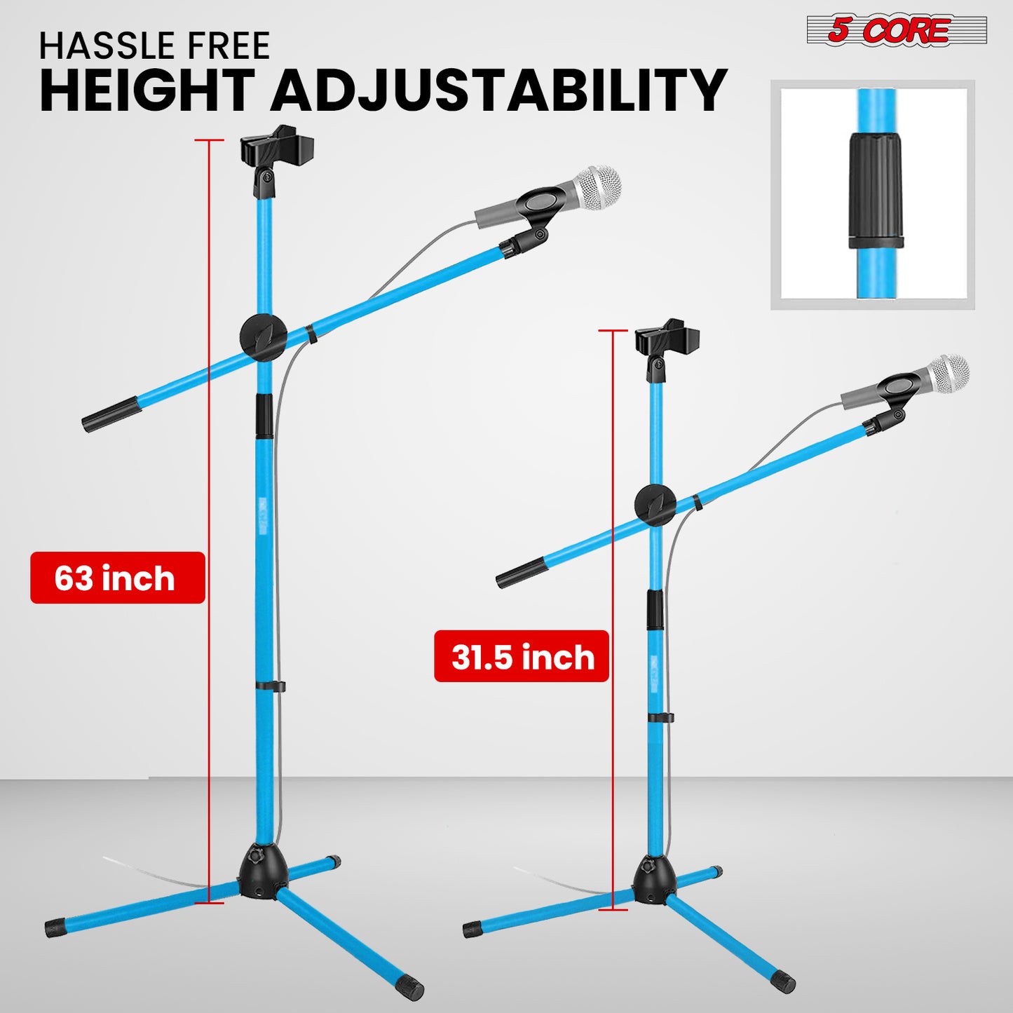 5 Core Microphone Stand Floor 2 Mic Clips Universal Height Adjustable 63" Dual Tripod Mic Stands w Telescoping Boom Arm Foldable Portable