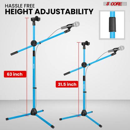 5 Core Microphone Stand Floor 2 Mic Clips Universal Height Adjustable 63" Dual Tripod Mic Stands w Telescoping Boom Arm Foldable Portable