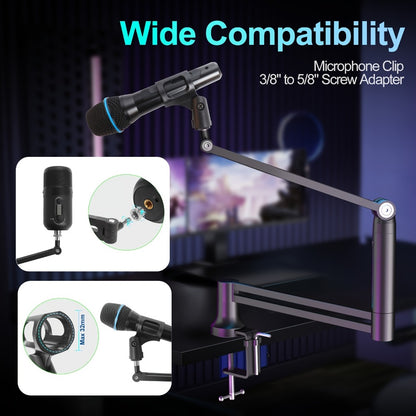 360-Degree Microphone Boom Arm with Foldable Desk Mount and Screw Adapter