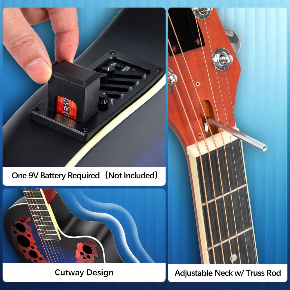 Acoustic Guitar, Blue, Full Size, BONNLO, 41In, Cutaway for Lessons and Practice