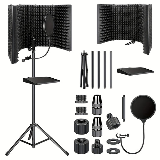 AOKEO Upgraded Professional Studio Microphone Soundproof Cover Set, With New Tray Pop Filter, High-density Absorbent Foam For Filtering Voice, Suitable For Studio And Various Condenser Microphones (AO-505 With Bracket)