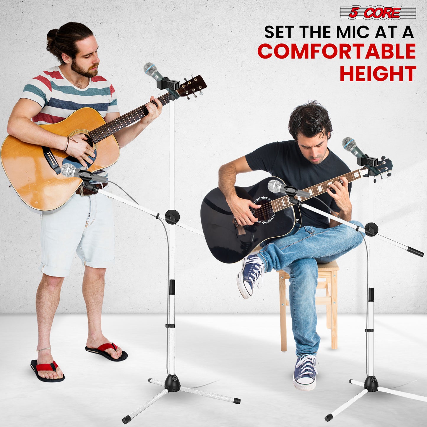 5 Core Microphone Stand Floor 2 Mic Clips Universal Height Adjustable 63" Dual Tripod Mic Stands w Telescoping Boom Arm Foldable Portable
