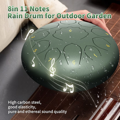 Extra Large 8-Inch 11-Tone Steel Tongue Drum - Outdoor/ Chakra Rain Drum with Drum Bag, Mallets, Music Book, Stickers & Mallet Holder - Rustproof Hand-Playable Instrument Suitable for Meditation, Yoga,, for Ages (Green)