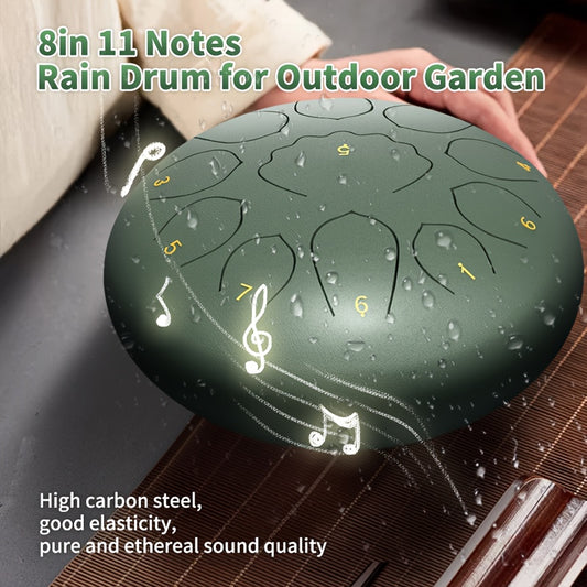 Extra Large 8-Inch 11-Tone Steel Tongue Drum - Outdoor/ Chakra Rain Drum with Drum Bag, Mallets, Music Book, Stickers & Mallet Holder - Rustproof Hand-Playable Instrument Suitable for Meditation, Yoga,, for Ages (Green)