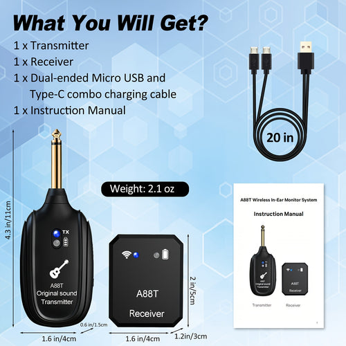 Wireless In Ear Monitor System 2.4GHz Wireless IEM System with Transmitter, Clip On Receiver Auto-Pairing In-Ear Monitoring for Studio, Guitar, DJ, Live Performance