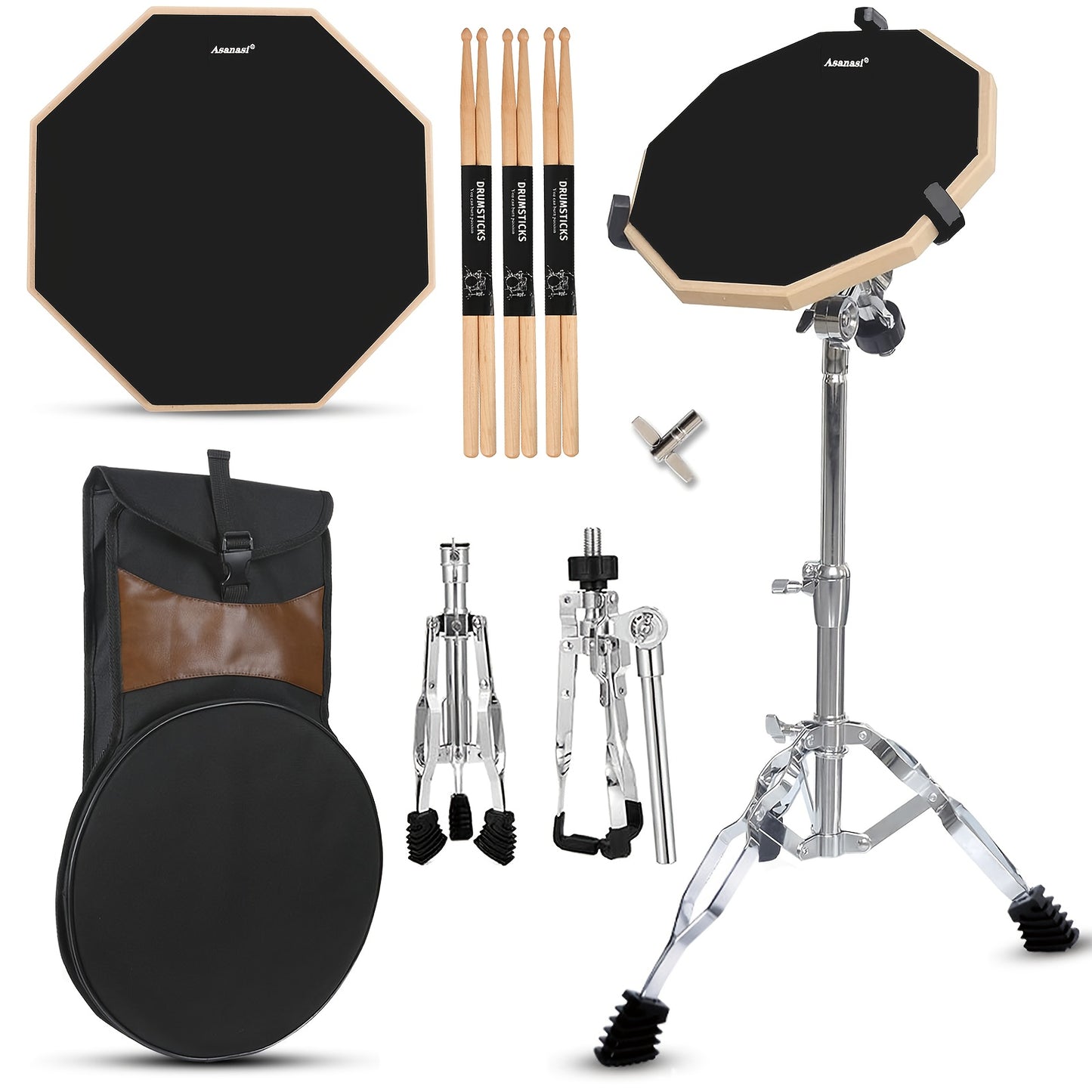 Drum Practice Pad Snare Drum Stand Set 12in with Double Sided Silent Drum Pad, Drum Sticks, Carrying Bag Adjustable Stand for Adults, Beginners
