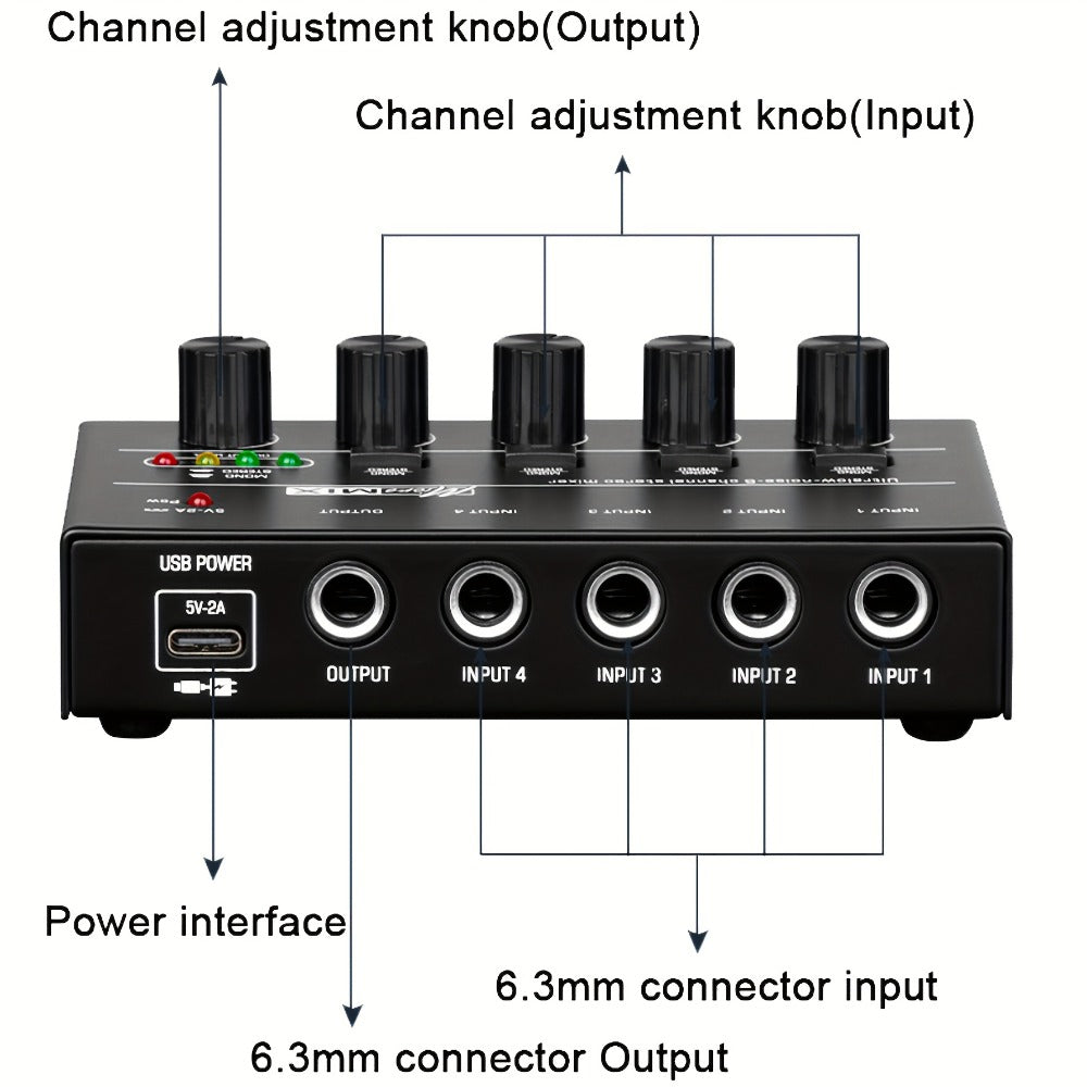 Compact 4/6/8-Channel Stereo Audio Mixer with USB-C Power and Level Controls
