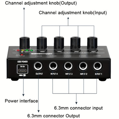 Compact 4/6/8-Channel Stereo Audio Mixer with USB-C Power and Level Controls