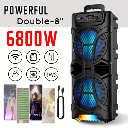 Portable Wireless PA Speaker System - Rechargeable Outdoor Wireless Speaker Portable PA System W/ Dual 8" Subwoofer, Microphone In, Volume Controls, Party Lights, USB/TF/BT/AUX/FM/TWS
