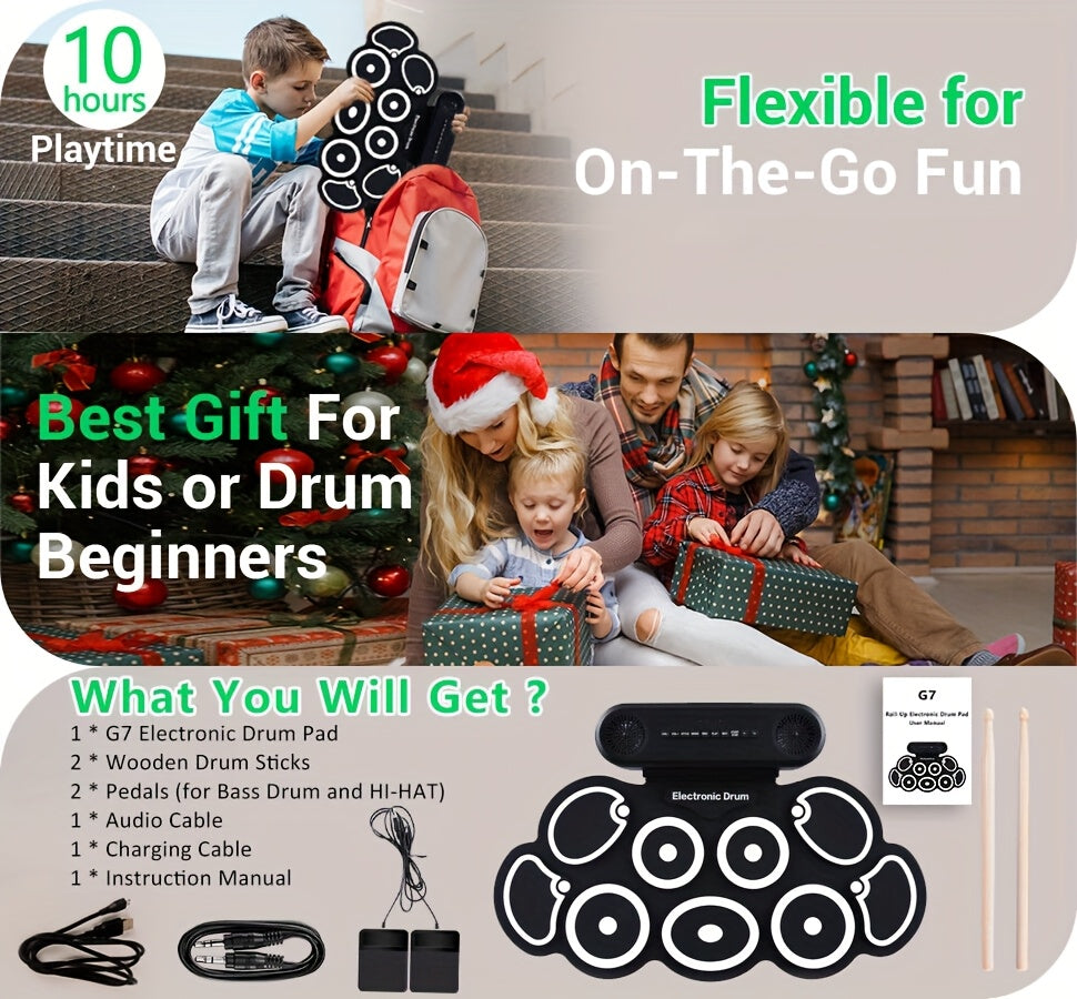 Electronic Drum Set, 9-Pads Roll-Up Electric Drum Pad Kit with Headphone Jack 10Hrs Playtime Built-in Speaker with Drumsticks Pedals, Xmas Birthday Gift for Adults, Student, Black