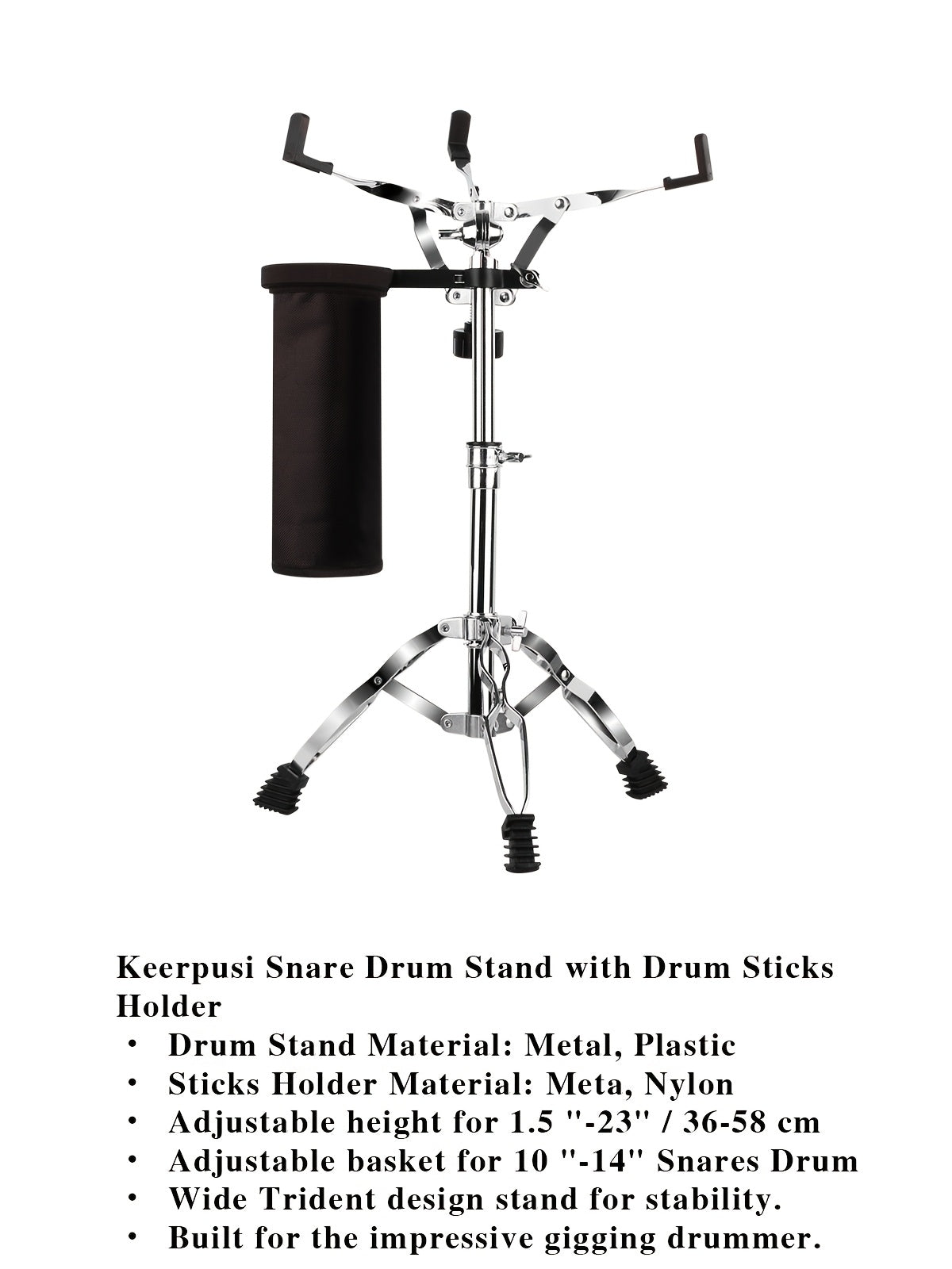 Snare Drum Stand with Drum Sticks Holder and Two Drumsticks, Double Braced Tripod Snare Stand for 10 to 14 Inch Snare Drum Pad, Snare Drum Beginners, Adjustable Height 14.5 to 23 Inches