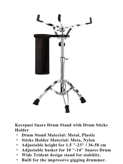 Snare Drum Stand with Drum Sticks Holder and Two Drumsticks, Double Braced Tripod Snare Stand for 10 to 14 Inch Snare Drum Pad, Snare Drum Beginners, Adjustable Height 14.5 to 23 Inches