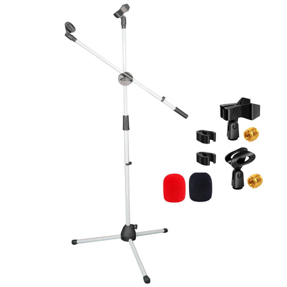 5 Core Microphone Stand Floor 2 Mic Clips Universal Height Adjustable 63" Dual Tripod Mic Stands w Telescoping Boom Arm Foldable Portable