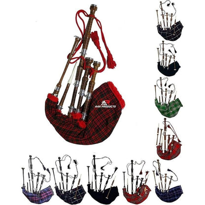 HAAUR TRADERS Scottish Bagpipe Rosewood Royal Stewart Tartan Natural Color with Silver Plain Mounts Free Tutor Book, Carrying Bag, Drone, Reeds