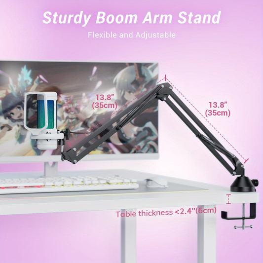 USB- Compatible RGB Gaming Microphone with Boom Arm & Shock Mount - USB- Condenser Mic Suitable for Streaming, Podcasting, Voice Recording, PC Computer Setup, Pop Filter System for Studio Recording