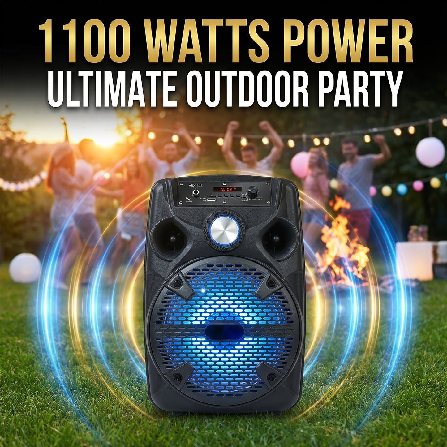 1100W Portable Bluetooth PA Speaker - 8" Subwoofer, Compatible Active, Outdoor Party Speaker. 7 Color LED Light, 1800mAh Rechargeable Battery. W/ USB SD MP3 AUX - 35mm Mount, 1 Speaker Stand & 1 Wired Micphone. for Thanksgiving, Halloween & Christmas