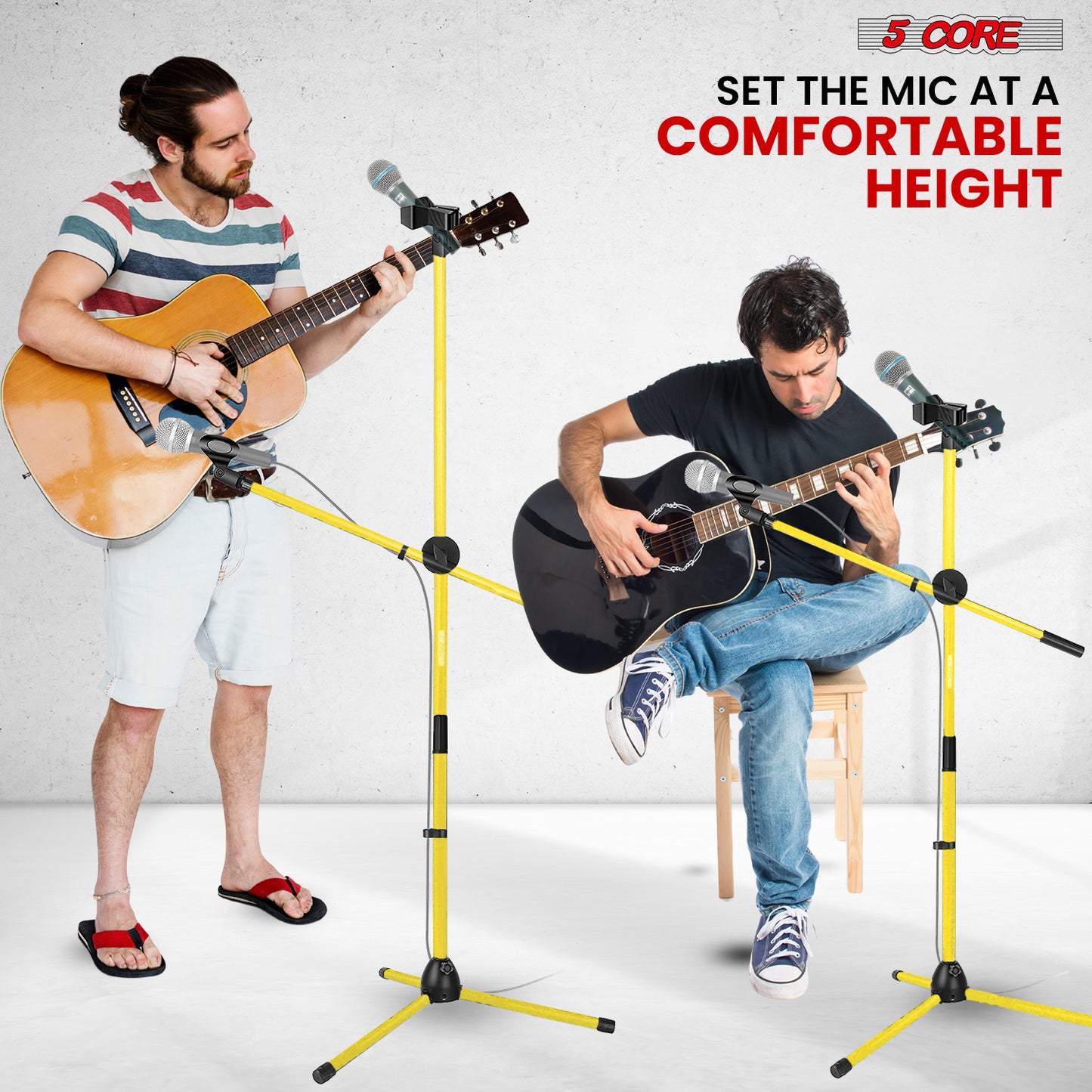 5 Core Microphone Stand Floor 2 Mic Clips Universal Height Adjustable 63" Dual Tripod Mic Stands w Telescoping Boom Arm Foldable Portable