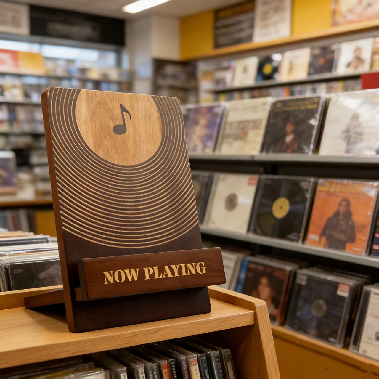 Wooden Vinyl Record Stand, Music Note Engraved Album Display Holder, Retro Vinyl Record Storage Rack for Turntable Player, Gift for Vinyl Collectors And Music Lovers