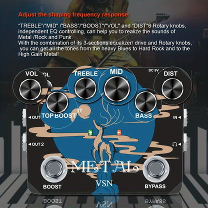 Guitar Effects Pedal, True Bypass, Heavy, Metal for Electric Guitar Or Bass Tone Shaping