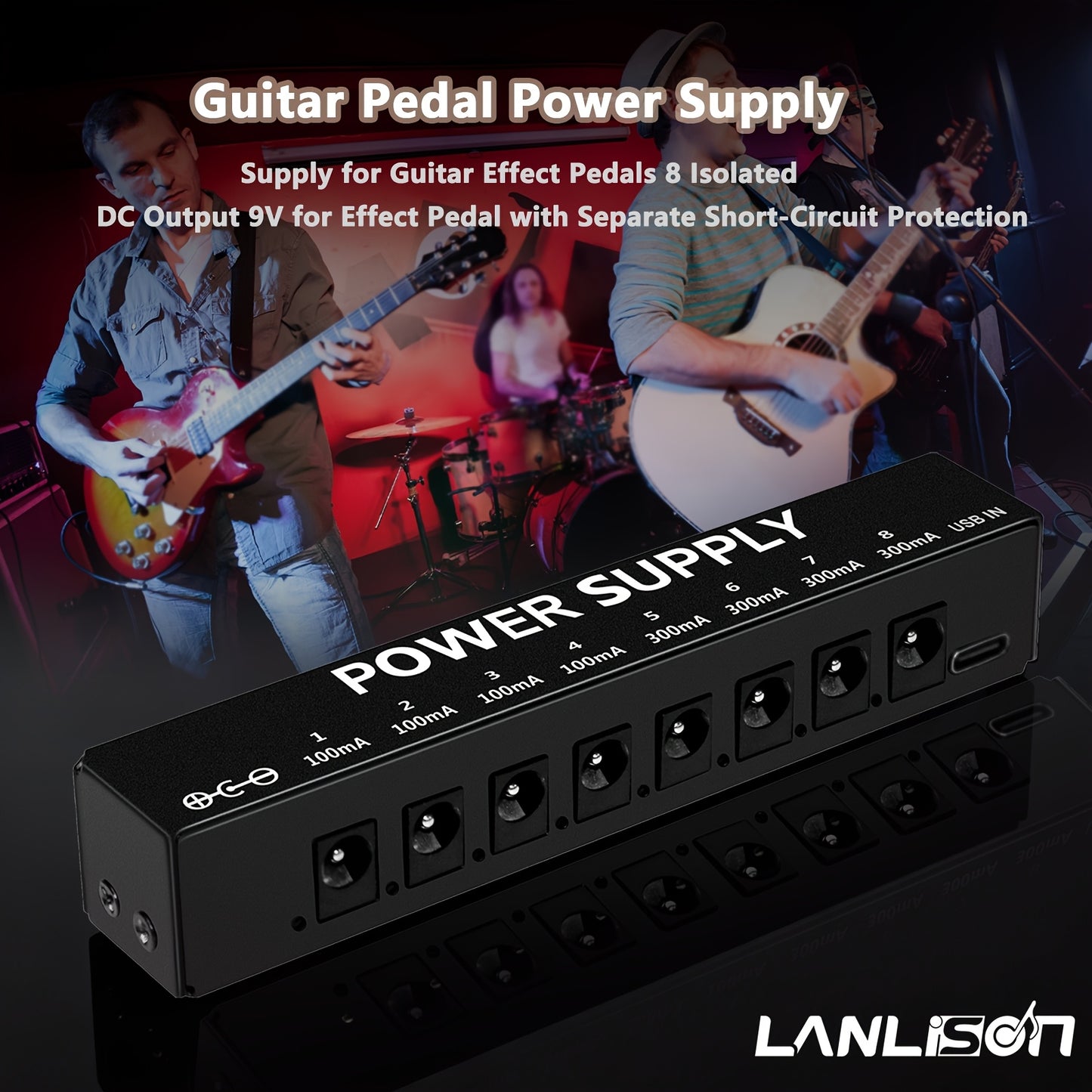 Guitar Pedal Power Supply 1 to 8 Effects Power Supply 9V Isolated DC Output Power Supply for Musical Instrument Effects, Guitar Additions