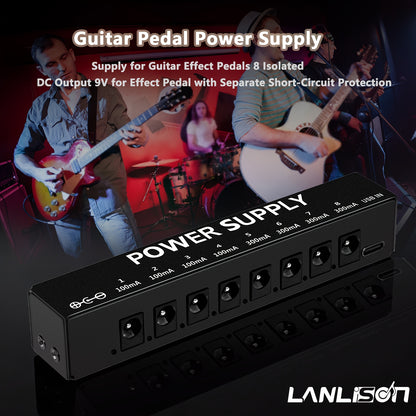 Guitar Pedal Power Supply 1 to 8 Effects Power Supply 9V Isolated DC Output Power Supply for Musical Instrument Effects, Guitar Additions