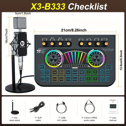 Professional Podcast Dj Equipment Bundle Kit Live Sound Card Audio Mixer for Console Recording Microfono Stand, Music Studio Full Setup Estudio De Musical Streaming for Pc Phone Gaming Karaoke Machine with 2 Microphone Para Grabar Contenido